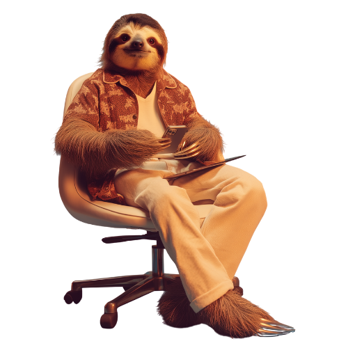 Sloth sitting in chair with tablet