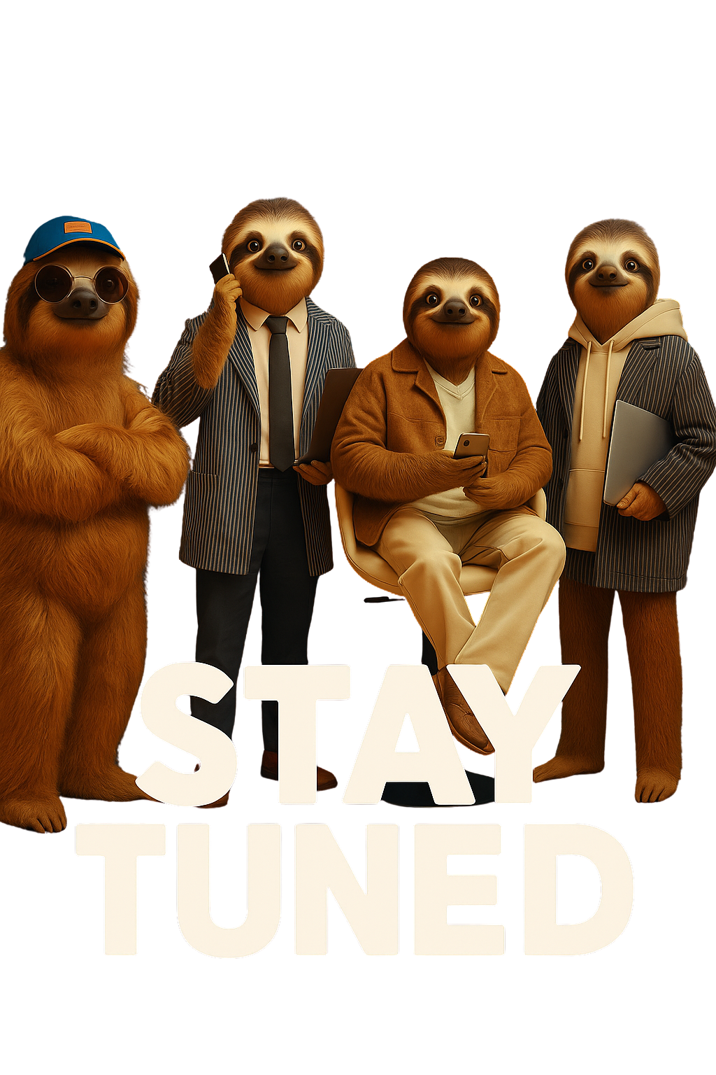 Four professional sloths in business attire with 'Stay Tuned' text